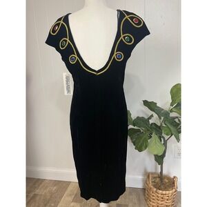 Jessica Howard Black Midi Dress with Gold and Multicolor Accents